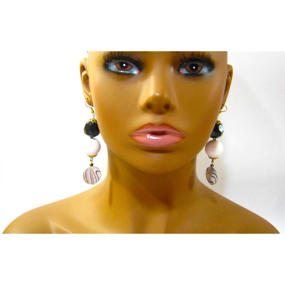 Mega White Black Retro style vintage Beaded Crystal accent 3 inch Drop Earrings - Picture 3 of 8